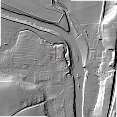 Shaded relief map of the ground around DL22SQ, computed from Environment Agency LiDAR. The ground here sits at about 31 m above sea level and falls 21 m across the surrounding 800 m. Surface water reaching this point runs off ground lying to the south-south-east, 2.2 m higher.