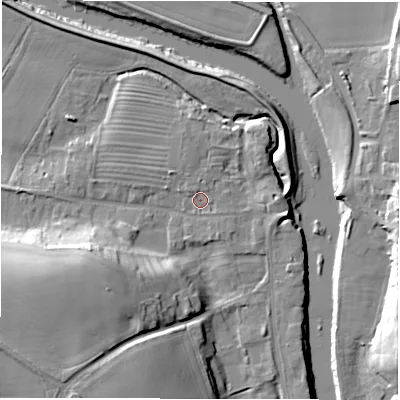 Shaded relief map of the ground around DL22SR, computed from Environment Agency LiDAR. The ground here sits at about 31 m above sea level and falls 22 m across the surrounding 800 m. Surface water reaching this point runs off ground lying to the north, 1.2 m higher.
