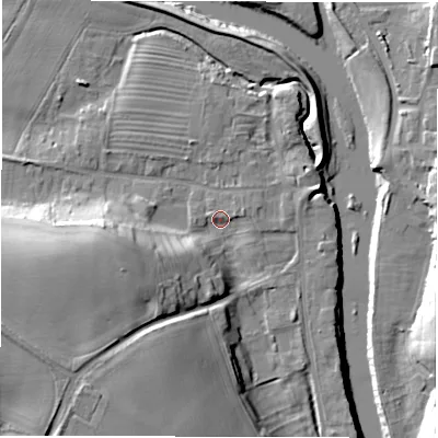 Shaded relief map of the ground around DL22SS, computed from Environment Agency LiDAR. The ground here sits at about 31 m above sea level and falls 22 m across the surrounding 800 m. Surface water reaching this point runs off ground lying to the west-south-west, 17.9 m higher.
