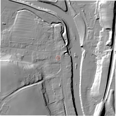 Shaded relief map of the ground around DL22ST, computed from Environment Agency LiDAR. The ground here sits at about 32 m above sea level and falls 22 m across the surrounding 800 m. Surface water reaching this point runs off ground lying to the north-east, 2.0 m higher.