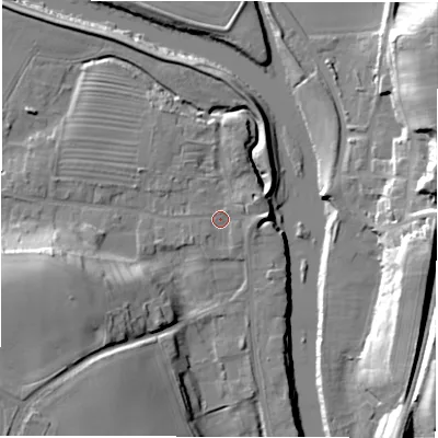 Shaded relief map of the ground around DL22SU, computed from Environment Agency LiDAR. The ground here sits at about 31 m above sea level and falls 22 m across the surrounding 800 m. Surface water reaching this point runs off ground lying to the east, 2.0 m higher.