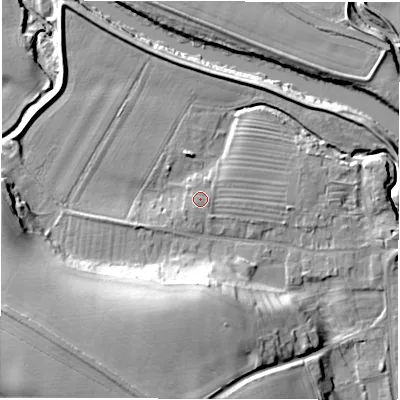 Shaded relief map of the ground around DL22SW, computed from Environment Agency LiDAR. The ground here sits at about 32 m above sea level and falls 21 m across the surrounding 800 m. Surface water reaching this point runs off ground lying to the south-west, 1.1 m higher.