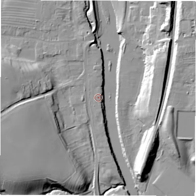 Shaded relief map of the ground around DL22SX, computed from Environment Agency LiDAR. The ground here sits at about 31 m above sea level and falls 22 m across the surrounding 800 m. Surface water reaching this point runs off ground lying to the south, 0.7 m higher.