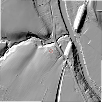 Shaded relief map of the ground around DL22SY, computed from Environment Agency LiDAR. The ground here sits at about 40 m above sea level and falls 24 m across the surrounding 800 m. Surface water reaching this point runs off ground lying to the south, 3.5 m higher.