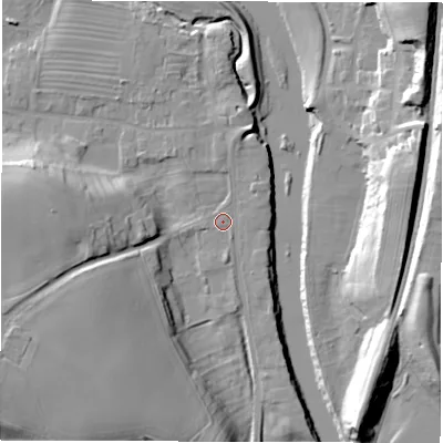 Shaded relief map of the ground around DL22SZ, computed from Environment Agency LiDAR. The ground here sits at about 31 m above sea level and falls 22 m across the surrounding 800 m. Surface water reaching this point runs off ground lying to the west-south-west, 17.0 m higher.