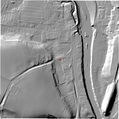 Shaded relief map of the ground around DL22TA, computed from Environment Agency LiDAR. The ground here sits at about 32 m above sea level and falls 22 m across the surrounding 800 m. Surface water reaching this point runs off ground lying to the south-west, 15.1 m higher.