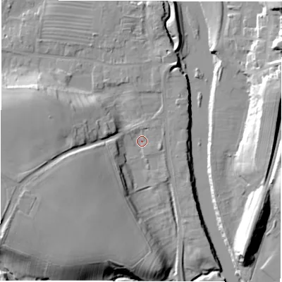 Shaded relief map of the ground around DL22TB, computed from Environment Agency LiDAR. The ground here sits at about 31 m above sea level and falls 22 m across the surrounding 800 m. Surface water reaching this point runs off ground lying to the west-south-west, 15.1 m higher.