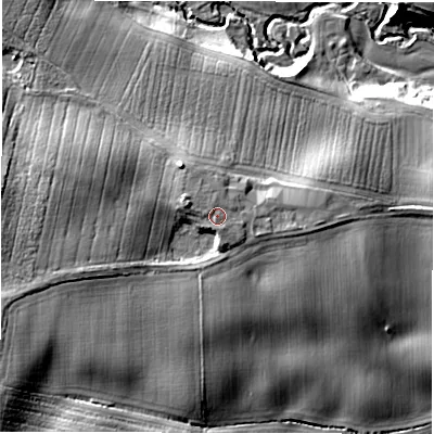 Shaded relief map of the ground around DL22TF, computed from Environment Agency LiDAR. The ground here sits at about 47 m above sea level and falls 18 m across the surrounding 800 m. Surface water reaching this point runs off ground lying to the north-east, 0.8 m higher.
