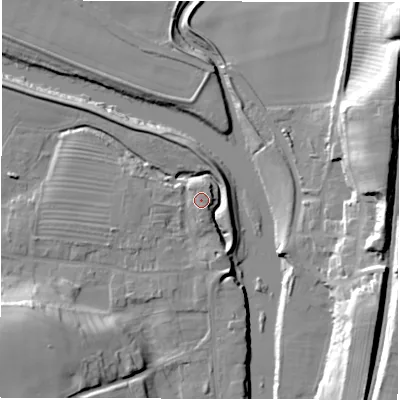 Shaded relief map of the ground around DL22TN, computed from Environment Agency LiDAR. The ground here sits at about 32 m above sea level and falls 22 m across the surrounding 800 m. Surface water reaching this point runs off ground lying to the south-south-east, 6.0 m higher.