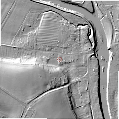 Shaded relief map of the ground around DL22TW, computed from Environment Agency LiDAR. The ground here sits at about 31 m above sea level and falls 23 m across the surrounding 800 m. Surface water reaching this point runs off ground lying to the west-south-west, 16.5 m higher.