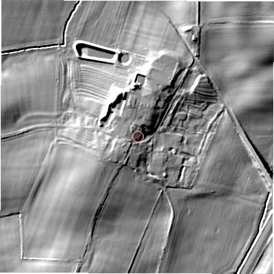 Shaded relief map of the ground around DL22YB, computed from Environment Agency LiDAR. The ground here sits at about 65 m above sea level and falls 14 m across the surrounding 800 m. Surface water reaching this point runs off ground lying to the west-south-west, 3.3 m higher.