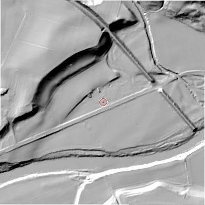 Shaded relief map of the ground around DL23AB, computed from Environment Agency LiDAR. The ground here sits at about 76 m above sea level and falls 32 m across the surrounding 800 m. Surface water reaching this point runs off ground lying to the south-south-east, 0.9 m higher.