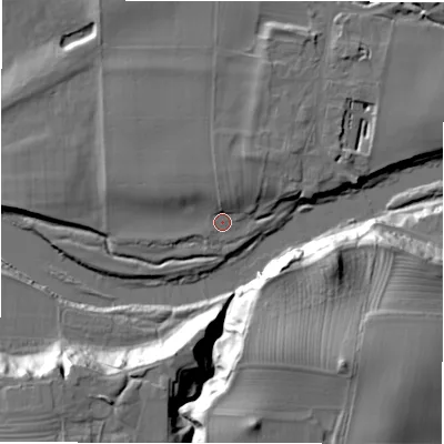 Shaded relief map of the ground around DL23AD, computed from Environment Agency LiDAR. The ground here sits at about 55 m above sea level and falls 29 m across the surrounding 800 m. Surface water reaching this point runs off ground lying to the west-north-west, 5.6 m higher.