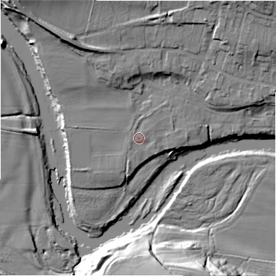 Shaded relief map of the ground around DL23DR, computed from Environment Agency LiDAR. The ground here sits at about 73 m above sea level and falls 30 m across the surrounding 800 m. Surface water reaching this point runs off ground lying to the south-south-west, 1.4 m higher.
