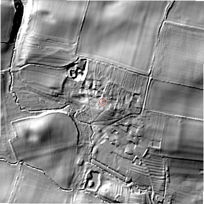 Shaded relief map of the ground around DL23HA, computed from Environment Agency LiDAR. The ground here sits at about 97 m above sea level and falls 18 m across the surrounding 800 m. Surface water reaching this point runs off ground lying to the north-east, 5.1 m higher.
