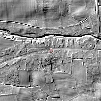 Shaded relief map of the ground around DL23JL, computed from Environment Agency LiDAR. The ground here sits at about 109 m above sea level and falls 14 m across the surrounding 800 m. Surface water reaching this point runs off ground lying to the west, 6.2 m higher.