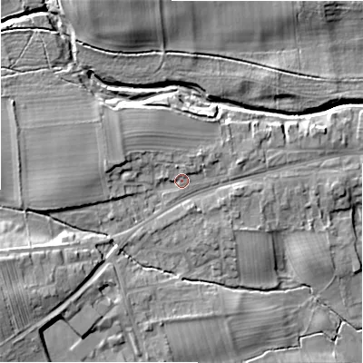 Shaded relief map of the ground around DL23JP, computed from Environment Agency LiDAR. The ground here sits at about 113 m above sea level and falls 16 m across the surrounding 800 m. Surface water reaching this point runs off ground lying to the north-west, 3.9 m higher.