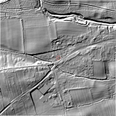 Shaded relief map of the ground around DL23JS, computed from Environment Agency LiDAR. The ground here sits at about 112 m above sea level and falls 14 m across the surrounding 800 m. Surface water reaching this point runs off ground lying to the west-south-west, 9.7 m higher.