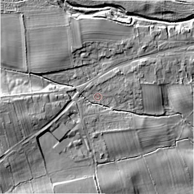 Shaded relief map of the ground around DL23JZ, computed from Environment Agency LiDAR. The ground here sits at about 111 m above sea level and falls 14 m across the surrounding 800 m. Surface water reaching this point runs off ground lying to the west, 9.4 m higher.