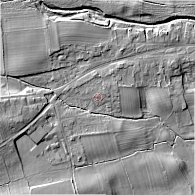 Shaded relief map of the ground around DL23LA, computed from Environment Agency LiDAR. The ground here sits at about 112 m above sea level and falls 14 m across the surrounding 800 m. Surface water reaching this point runs off ground lying to the north, 2.3 m higher.