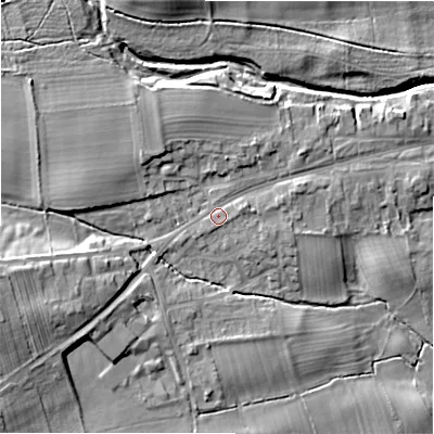 Shaded relief map of the ground around DL23LB, computed from Environment Agency LiDAR. The ground here sits at about 113 m above sea level and falls 15 m across the surrounding 800 m. Surface water reaching this point runs off ground lying to the east-south-east, 0.6 m higher.