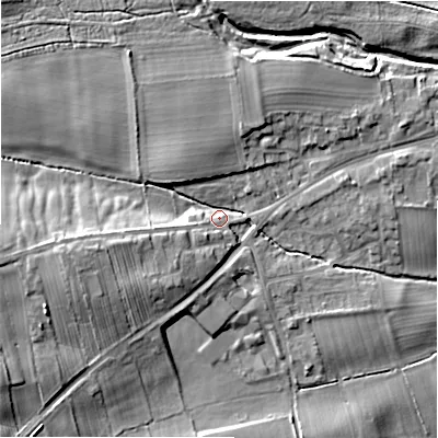 Shaded relief map of the ground around DL23LF, computed from Environment Agency LiDAR. The ground here sits at about 114 m above sea level and falls 13 m across the surrounding 800 m. Surface water reaching this point runs off ground lying to the west-south-west, 9.7 m higher.