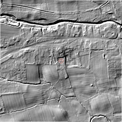 Shaded relief map of the ground around DL23LR, computed from Environment Agency LiDAR. The ground here sits at about 109 m above sea level and falls 12 m across the surrounding 800 m. Surface water reaching this point runs off ground lying to the west-north-west, 3.9 m higher.