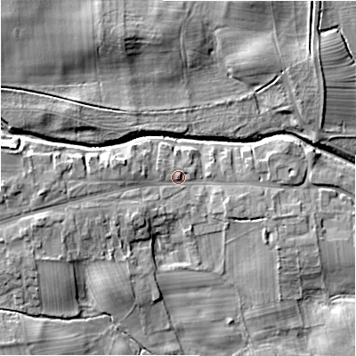 Shaded relief map of the ground around DL23LZ, computed from Environment Agency LiDAR. The ground here sits at about 109 m above sea level and falls 14 m across the surrounding 800 m. Surface water reaching this point runs off ground lying to the west, 5.7 m higher.