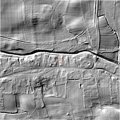 Shaded relief map of the ground around DL23NA, computed from Environment Agency LiDAR. The ground here sits at about 108 m above sea level and falls 14 m across the surrounding 800 m. Surface water reaching this point runs off ground lying to the west-south-west, 5.8 m higher.