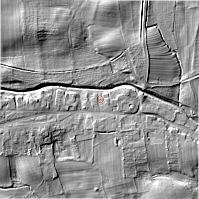Shaded relief map of the ground around DL23ND, computed from Environment Agency LiDAR. The ground here sits at about 108 m above sea level and falls 14 m across the surrounding 800 m. Surface water reaching this point runs off ground lying to the west-south-west, 1.2 m higher.