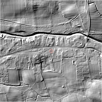 Shaded relief map of the ground around DL23NG, computed from Environment Agency LiDAR. The ground here sits at about 109 m above sea level and falls 13 m across the surrounding 800 m. Surface water reaching this point runs off ground lying to the west-north-west, 5.7 m higher.