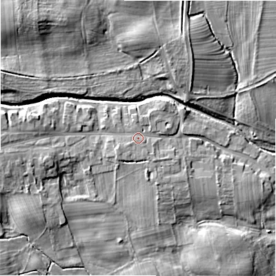 Shaded relief map of the ground around DL23NH, computed from Environment Agency LiDAR. The ground here sits at about 109 m above sea level and falls 14 m across the surrounding 800 m. Surface water reaching this point runs off ground lying to the south-west, 0.9 m higher.