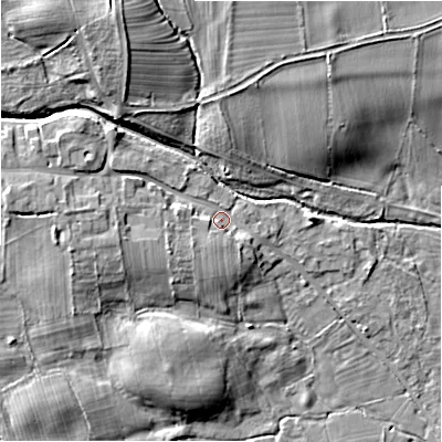 Shaded relief map of the ground around DL23NN, computed from Environment Agency LiDAR. The ground here sits at about 105 m above sea level and falls 14 m across the surrounding 800 m. Surface water reaching this point runs off ground lying to the west, 5.1 m higher.