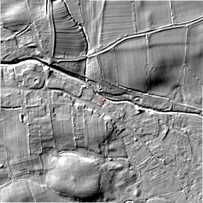 Shaded relief map of the ground around DL23NP, computed from Environment Agency LiDAR. The ground here sits at about 105 m above sea level and falls 14 m across the surrounding 800 m. Surface water reaching this point runs off ground lying to the north-north-west, 11.7 m higher.