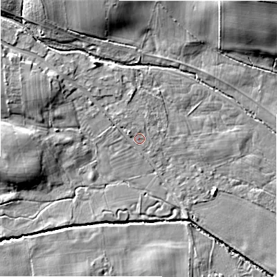 Shaded relief map of the ground around DL23NR, computed from Environment Agency LiDAR. The ground here sits at about 102 m above sea level and falls 15 m across the surrounding 800 m. Surface water reaching this point runs off ground lying to the north-west, 4.4 m higher.
