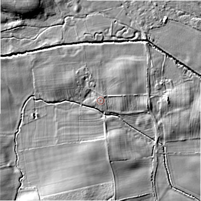 Shaded relief map of the ground around DL23NS, computed from Environment Agency LiDAR. The ground here sits at about 102 m above sea level and falls 11 m across the surrounding 800 m. Surface water reaching this point runs off ground lying to the east, 0.8 m higher.