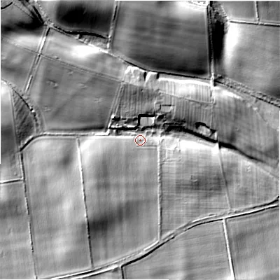 Shaded relief map of the ground around DL23NX, computed from Environment Agency LiDAR. The ground here sits at about 116 m above sea level and falls 26 m across the surrounding 800 m. Surface water reaching this point runs off ground lying to the north-west, 11.5 m higher.