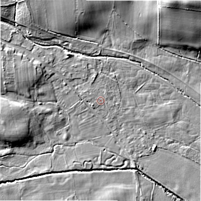 Shaded relief map of the ground around DL23PD, computed from Environment Agency LiDAR. The ground here sits at about 102 m above sea level and falls 17 m across the surrounding 800 m. Surface water reaching this point runs off ground lying to the west-north-west, 1.2 m higher.