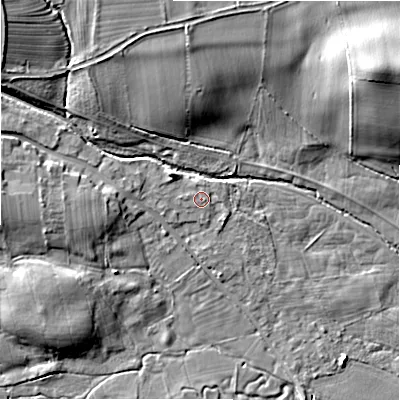 Shaded relief map of the ground around DL23PE, computed from Environment Agency LiDAR. The ground here sits at about 103 m above sea level and falls 16 m across the surrounding 800 m. Surface water reaching this point runs off ground lying to the north-west, 1.0 m higher.