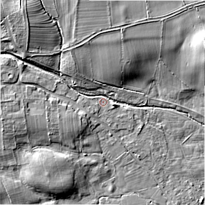 Shaded relief map of the ground around DL23PF, computed from Environment Agency LiDAR. The ground here sits at about 104 m above sea level and falls 14 m across the surrounding 800 m. Surface water reaching this point runs off ground lying to the north-west, 12.3 m higher.
