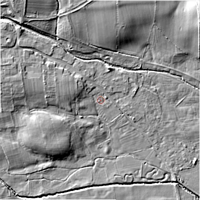 Shaded relief map of the ground around DL23PH, computed from Environment Agency LiDAR. The ground here sits at about 103 m above sea level and falls 14 m across the surrounding 800 m. Surface water reaching this point runs off ground lying to the west-north-west, 3.8 m higher.