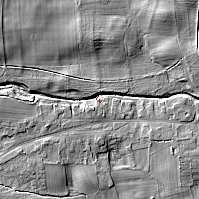 Shaded relief map of the ground around DL23PQ, computed from Environment Agency LiDAR. The ground here sits at about 110 m above sea level and falls 16 m across the surrounding 800 m. Surface water reaching this point runs off ground lying to the west, 9.0 m higher.