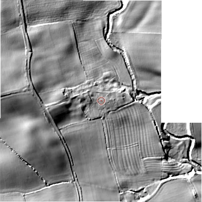 Shaded relief map of the ground around DL23QH, computed from Environment Agency LiDAR. The ground here sits at about 100 m above sea level and falls 24 m across the surrounding 800 m. Surface water reaching this point runs off ground lying to the west-north-west, 2.0 m higher.