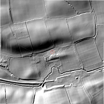 Shaded relief map of the ground around DL23QL, computed from Environment Agency LiDAR. The ground here sits at about 104 m above sea level and falls 25 m across the surrounding 800 m. Surface water reaching this point runs off ground lying to the north-west, 13.0 m higher.