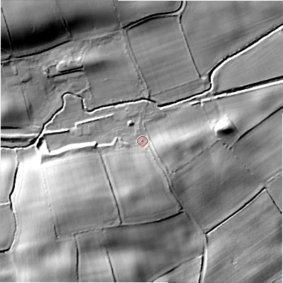 Shaded relief map of the ground around DL23QQ, computed from Environment Agency LiDAR. The ground here sits at about 102 m above sea level and falls 31 m across the surrounding 800 m. Surface water reaching this point runs off ground lying to the south-west, 16.5 m higher.