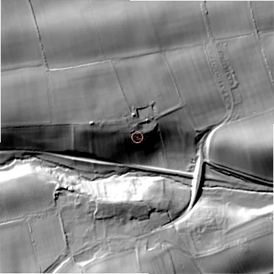 Shaded relief map of the ground around DL23QW, computed from Environment Agency LiDAR. The ground here sits at about 135 m above sea level and falls 42 m across the surrounding 800 m. Surface water reaching this point runs off ground lying to the west-north-west, 11.9 m higher.