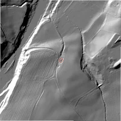 Shaded relief map of the ground around DL23RR, computed from Environment Agency LiDAR. The ground here sits at about 104 m above sea level and falls 46 m across the surrounding 800 m. Surface water reaching this point runs off ground lying to the south-south-west, 16.5 m higher.
