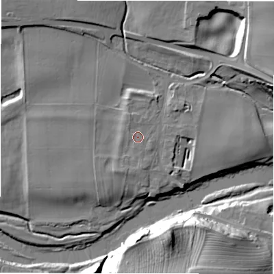 Shaded relief map of the ground around DL23SE, computed from Environment Agency LiDAR. The ground here sits at about 60 m above sea level and falls 25 m across the surrounding 800 m. Surface water reaching this point runs off ground lying to the south-south-west, 1.7 m higher.