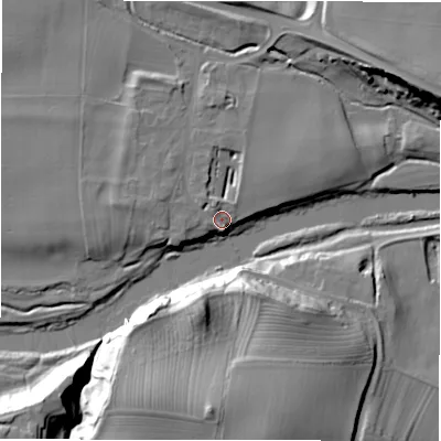 Shaded relief map of the ground around DL23SG, computed from Environment Agency LiDAR. The ground here sits at about 57 m above sea level and falls 30 m across the surrounding 800 m. Surface water reaching this point runs off ground lying to the west-north-west, 5.9 m higher.