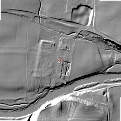 Shaded relief map of the ground around DL23SH, computed from Environment Agency LiDAR. The ground here sits at about 59 m above sea level and falls 26 m across the surrounding 800 m. Surface water reaching this point runs off ground lying to the south-south-east, 4.2 m higher.